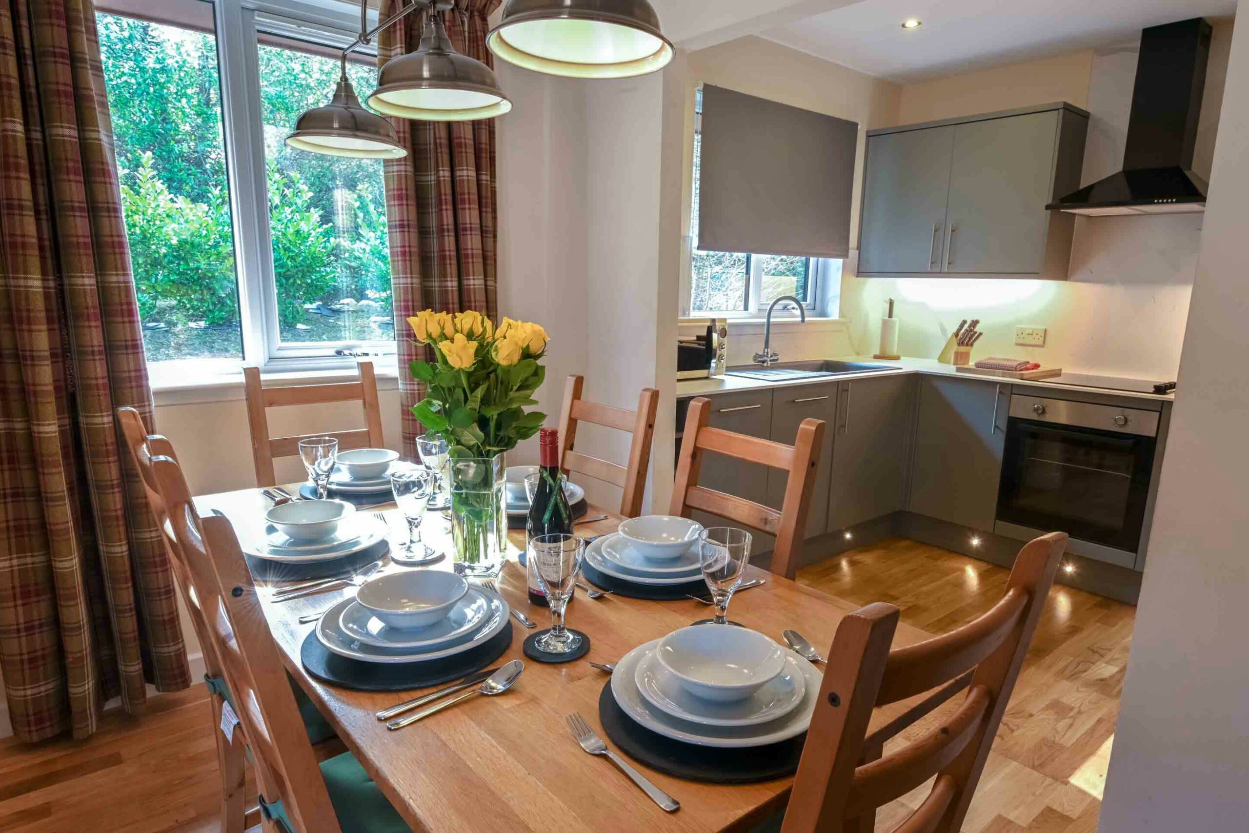 Spacious dining and fully equipped kitchens in our Lodges at Birchbrae Highland Lodges, nr Glencoe and Fort William.