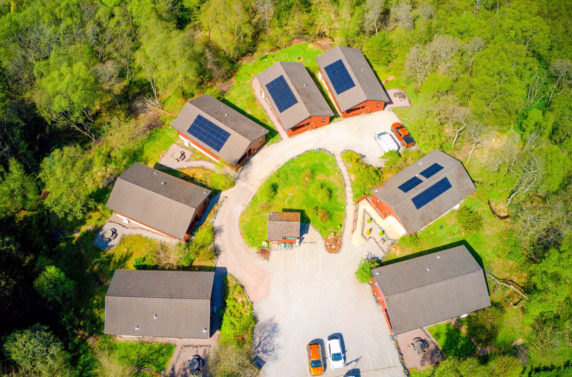 An aerial view of Birchbrae Highland Lodges, nr Glencoe & Fort William in our secluded Woodland Setting.